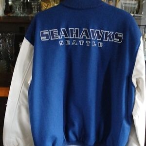 Seattle Seahawks Blue and White Wool/Leather Varsity Jacket